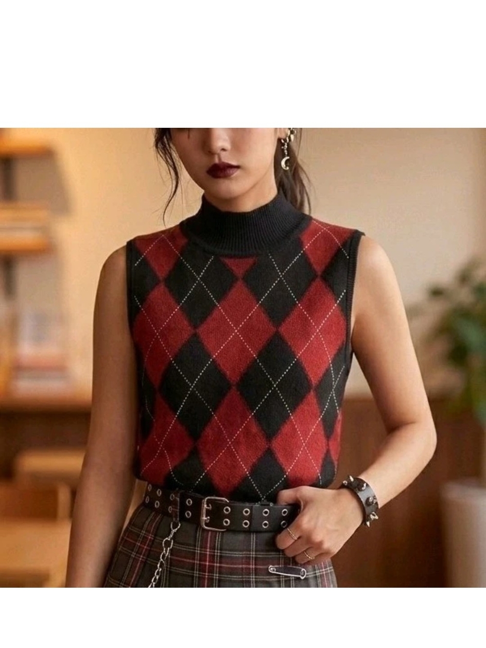 Liz Claiborne Red & Black Argyle Sweater Vest Y2K Preppy Trendy Size Large